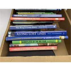 Two boxes of railway books, to include West Country Railway History, Linton and Barnstable Railway,  The King's Cross Story, Railway Photographer etc