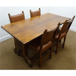  Early 20th century oak refectory dining table, dragon carvings, single stretcher, solid end supports with arched feet (W152cm, H79cm, D76cm) and four chairs with upholstered back and seat with turned tapering reeded supports  
