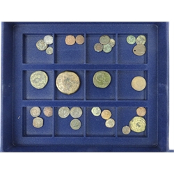  Collection of Roman and other coinage including Constantinus I, Diocletian, Constantinus II, Licinius II, Aurelianus, Crispus Maximian and other rulers, Ptolemaic Kingdom of Egypt Ptolemy II Drachm and other similar coins, housed in a Westminster display case  