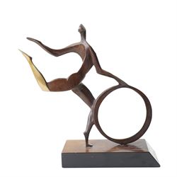 John Huggins FRBS (British 1938): 'Girl with Hoop', bronze sculpture upon black lacquered wooden base, H33cm, 