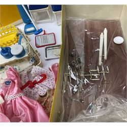 Sindy - Camping Buggy and Folding Tent, Bath, Shower, Washbasin unit and Hairdryer; all boxed; together with unboxed kitchen units, dining and bedroom furniture; and two bags of clothing and accessories