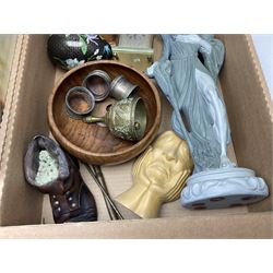 20th century Postilion brass and agate carriage clock with bevelled glass panel, H13cm, Peugeot Freres coffee grinder, silver-plate, figures, quantity of vinyl records, four The Works of William Shakespeare pub Odhams Press, brass lamp etc in three boxes