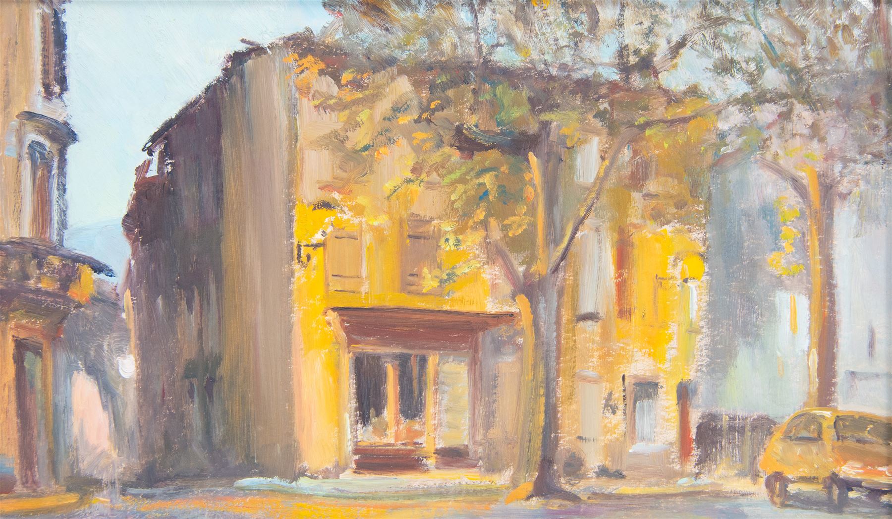 Catherine Tyler (British 1949-): 'Place La Republic - Quillan - Pays de Laude' oil on board signed and dated '91, inscribed on artist's label verso 27cm x 45cm