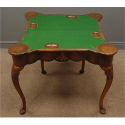  George I style walnut card table, double gate action, cross banded folded top with projecting corners, baise lined interior with candle and counter wells, shell carved shaped frieze and cabriole legs with pad feet,  W82cm, H70cm, (max)  