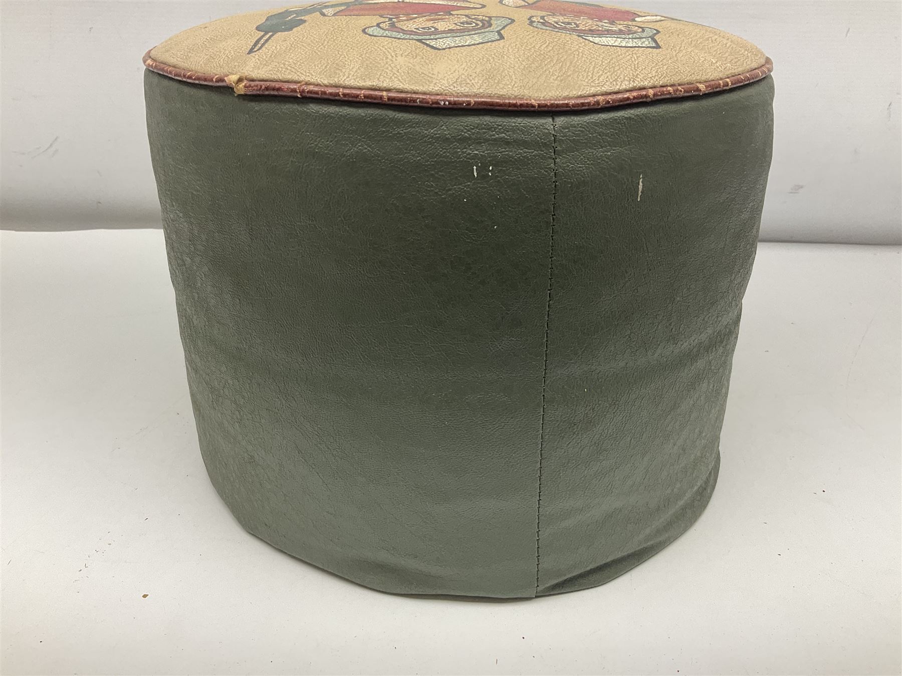 1950s/60s Palitoy 'Bill & Ben The Flower Pot Men' glove puppet; boxed; and 'The Flower Pot Men' vinyl drum shaped foot-stool/pouffe depicting Bill & Ben with sweeping brushes (2)