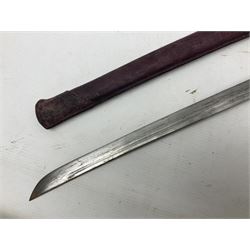 Copy of a WWII Japanese NCO sword, the 65cm slightly curving blade stamped with pseudo Japanese characters and cast brass simulated cord bound grip; in officer's leather bound field scabbard L97cm overall