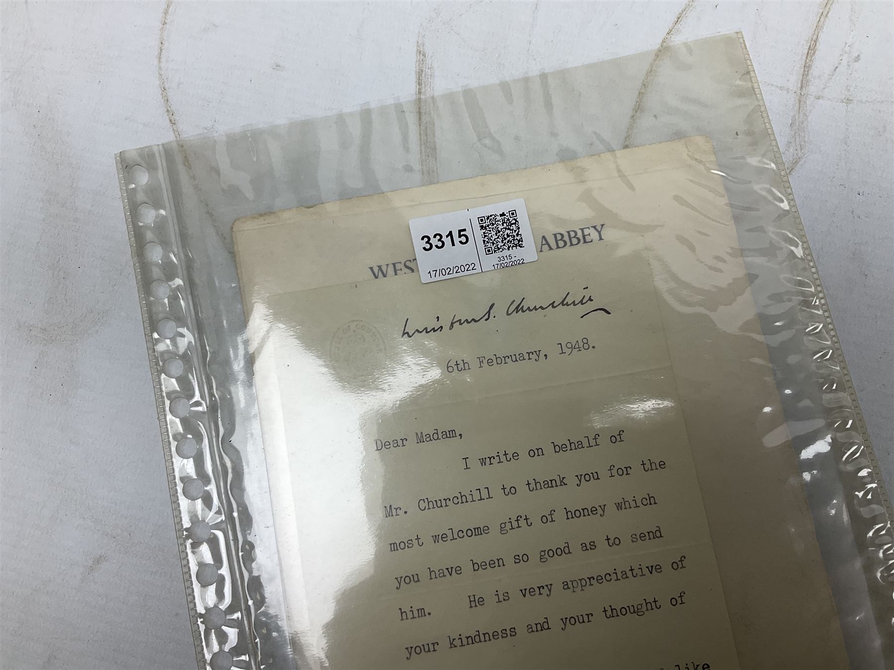 CHURCHILL WINSTON S.: (1874-1965) British Prime Minister 1940-45, 1951-55. Nobel Prize winner for Literature, 1953; post-WW2 T.L.S., to Miss Maclellan from Elizabeth Gilliatt Private Secretary thanking her on behalf of Churchill 