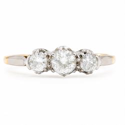 Gold three stone diamond ring, each multi claw set with an old cut diamond, stamped 18ct P...