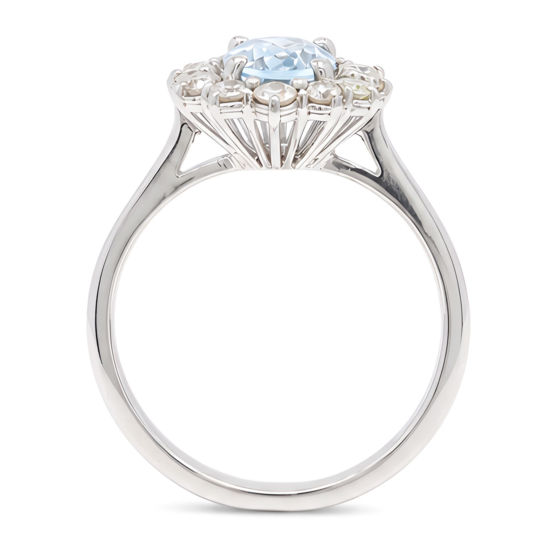 18ct white gold aquamarine and diamond cluster ring, single oval cut aquamarine of approx 0.85 carat, surrounded by twelve round brilliant cut diamonds, hallmarked, total diamond weight approx 0.50 carat
