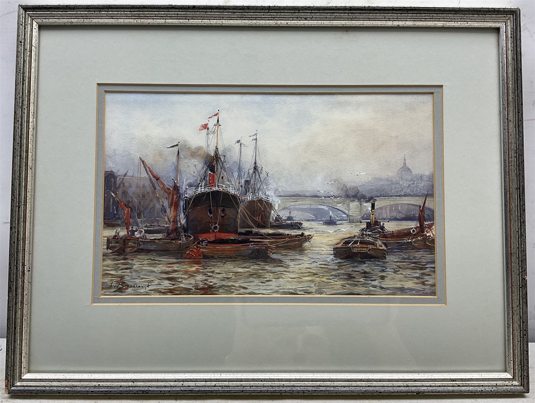 Frederick William Scarborough (British 1860-1939): Shipping at London Bridge with St Paul's in View, watercolour signed 18cm x 29cm