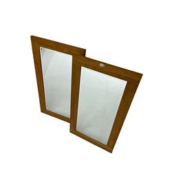 Pair light oak rectangular wall mirrors, bevelled plate 