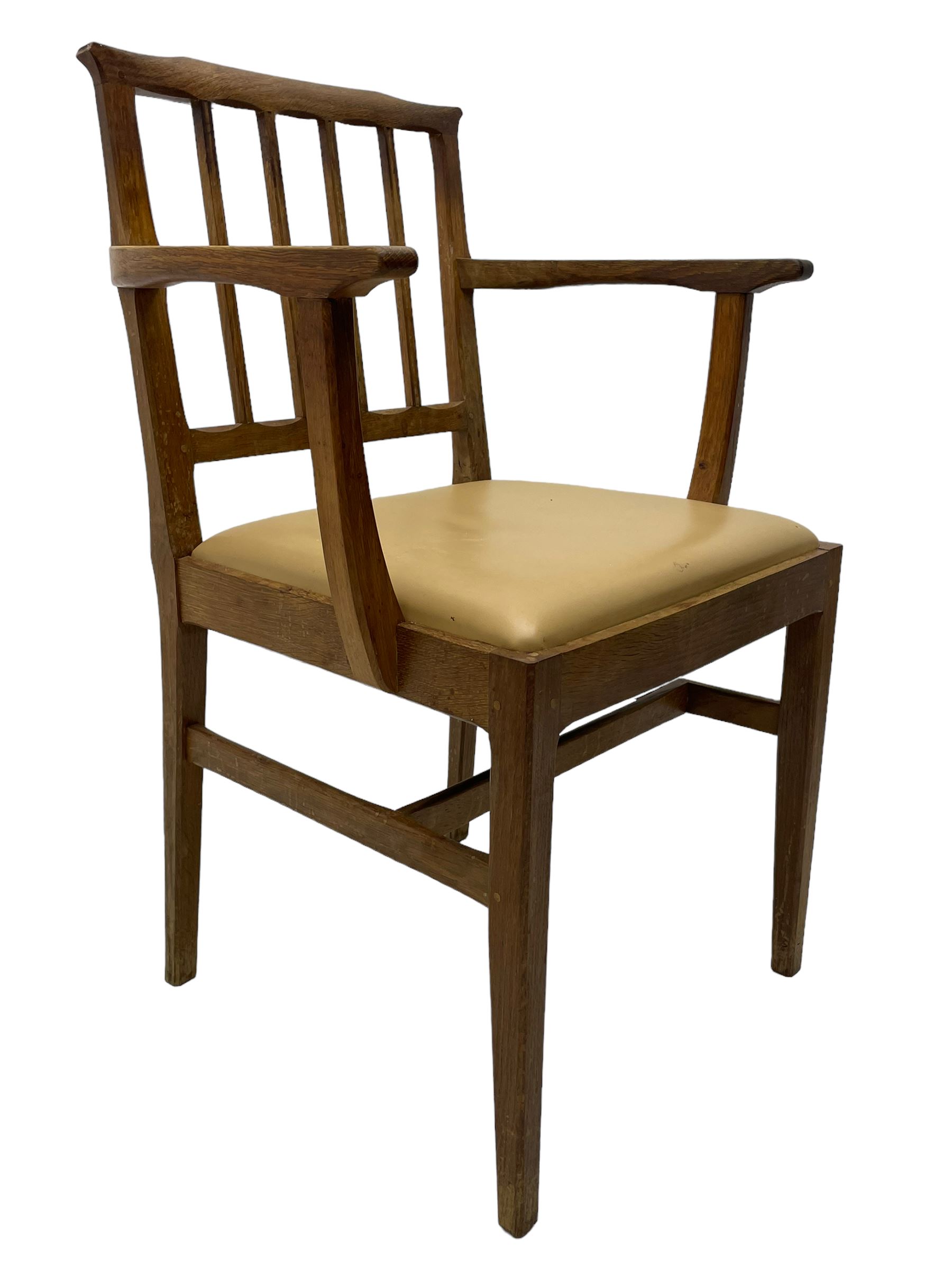 Acornman - set six (4+2) oak dining chairs, shaped cresting rail over moulded upright slats, square tapering supports joined by H-stretchers, by Alan Grainger, Brandsby, York