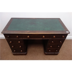  Victorian mahogany twin pedestal desk, inset leather top, nine drawers, W123cm, H78cm, D59cm  