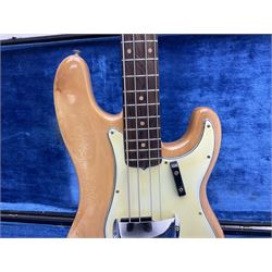 1962 Fender Precision bass guitar; re-finished in natural alder in the 1970s; impressed date code 5NOV62C to end of neck and serial no.90537 to back plate; L115.5cm; in replacement hard carrying case