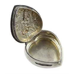 Victorian silver pill box, heart shaped design with embossed  hinged lid, depicting figures on a swing in a wood by Henry Matthews, Birmingham 1899 