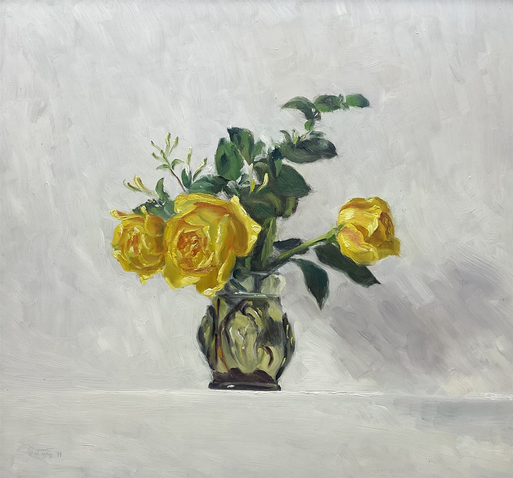 Neil Tyler (British 1945-): Still Life of Yellow Roses, oil on panel signed and dated '99, 43cm x 46cm