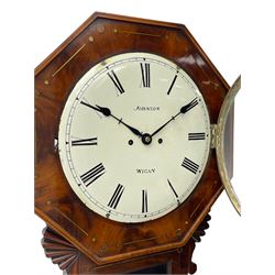 Charles Johnson of Wigan - mid-19th century twin fusee mahogany drop-dial wall clock, with an octagonal dial surround with brass inlay, carved fan ears to the glazed box with pendulum adjustment door, 12