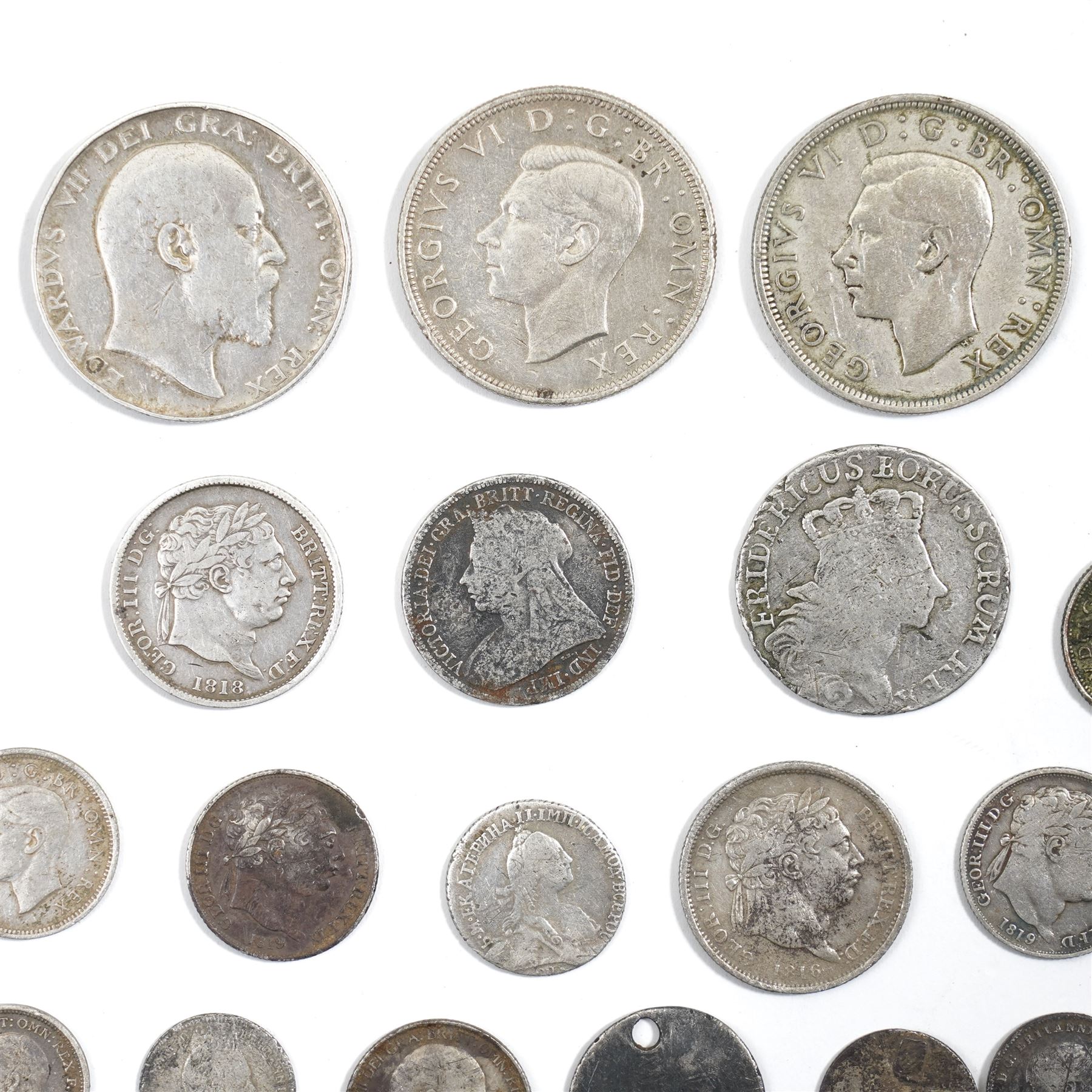 Collection of George III and later silver coinage including George III 1816 and 1818 silver shilling, Frederick II the Great 1765 six-Groschen, Catherine II 1768 Grivennik coin and others (19)