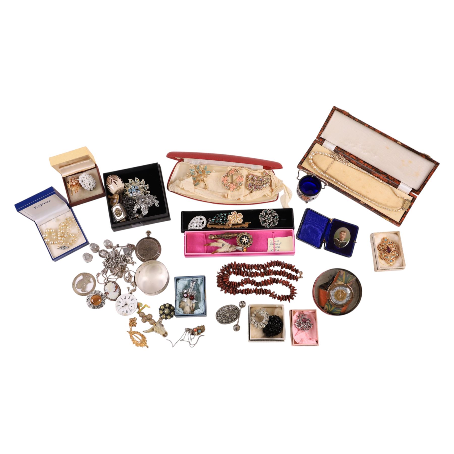 Three silver thimbles, silver jewellery including buckle bangle, charm bracelet, continental 800 pocket watch, pendant, brooch, etc, together with a collection of costume jewellery
