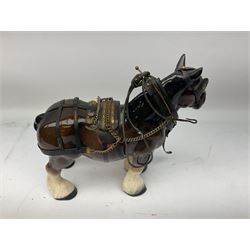 Four Melba Ware Shire horse figures and another similar, and three wood carts