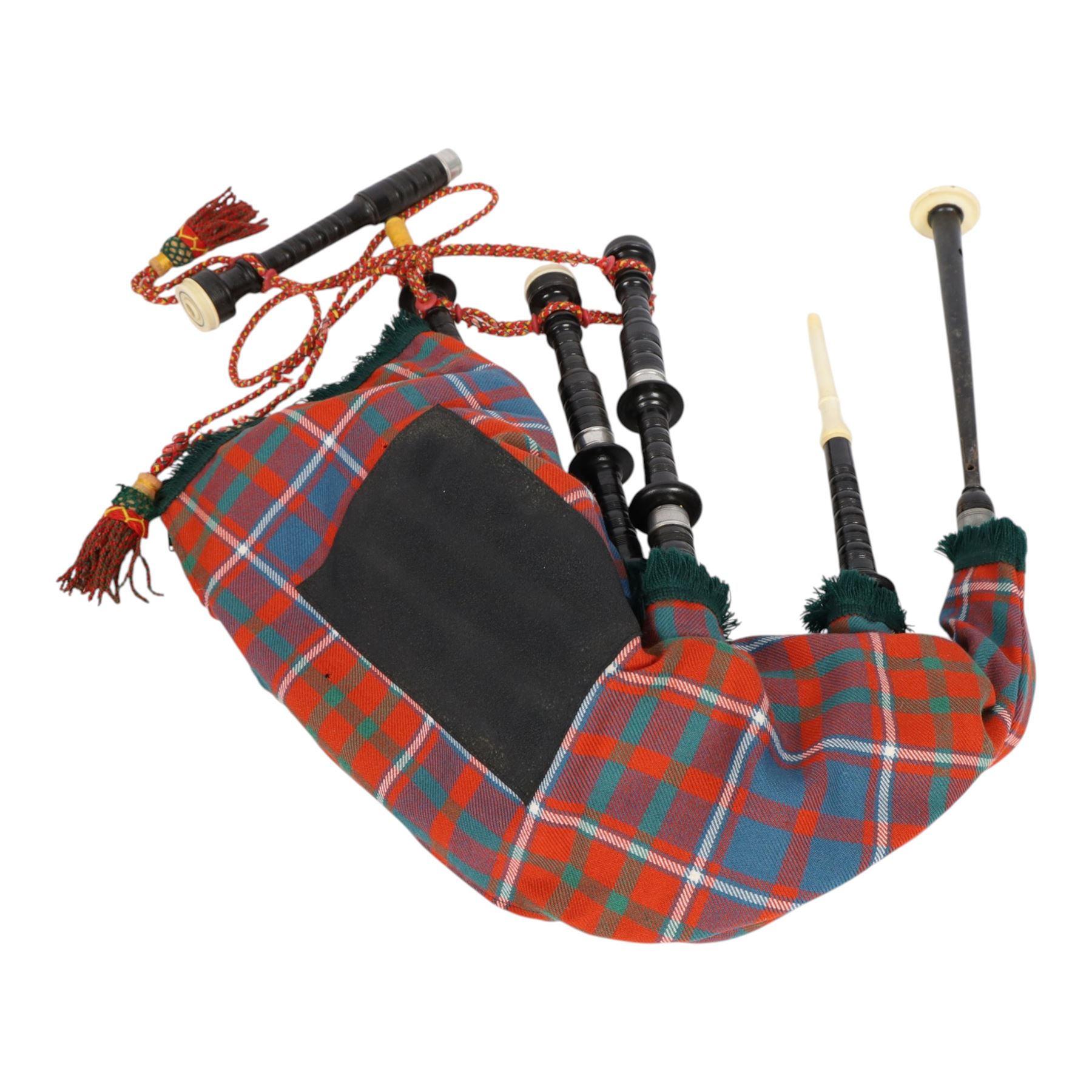 Set of ebonised wooden bagpipes, with new bag in Cameron of Lochiel tartan, contained in leather suitcase with initials PAJ to cover