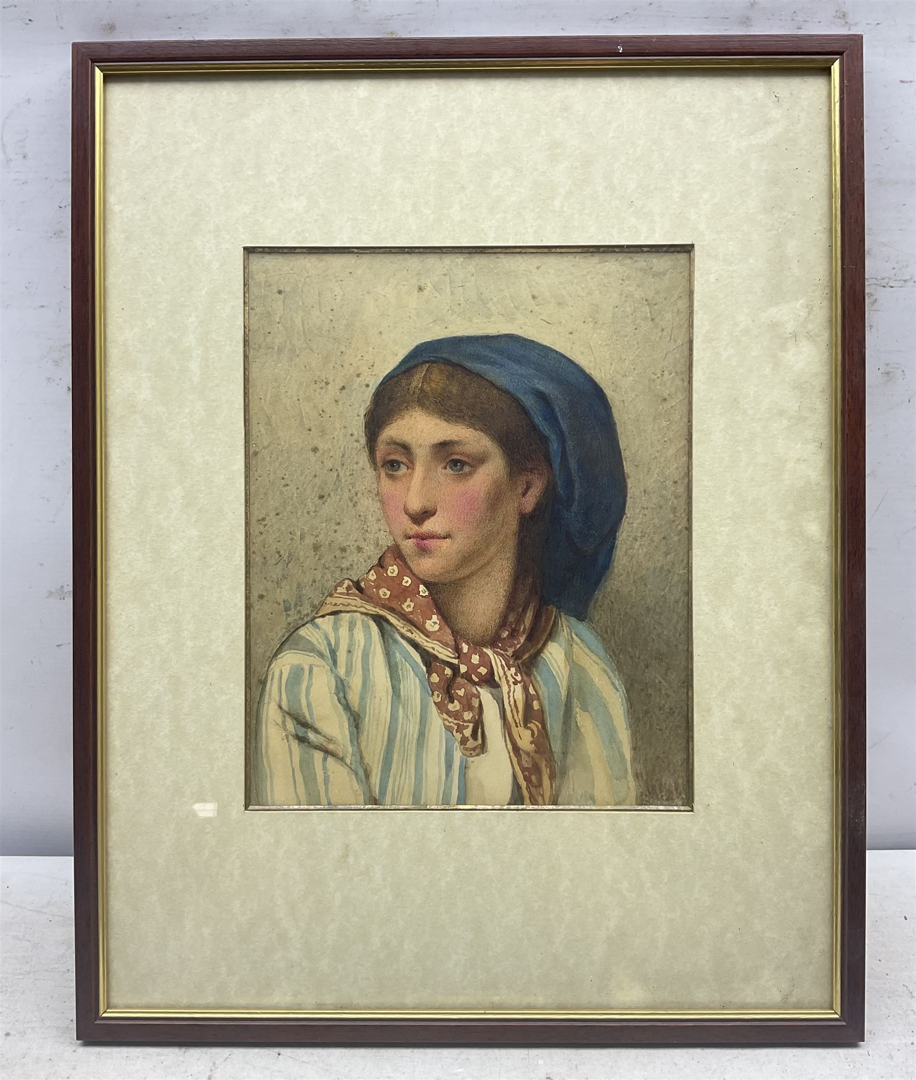 Manner of William Henry Hunt (British 1790-1864): Portrait of a Girl with a Blue Bonnet, watercolour unsigned 27cm x 22cm 