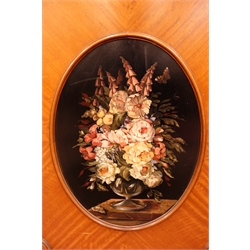 Sheraton Revival satinwood breakfront bookcase, frieze painted with scrolling leafage above four astragal doors with adjustable shelves, the base with four doors painted with floral sprays in oval panels, on a plinth base, W234cm, H235cm, D52cm