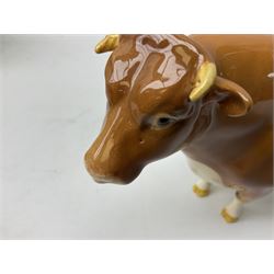 Beswick Guernsey cow family group, comprising bull 'Sabrina's Sir Richmond' no 1451, cow no 1248a and calf no 1249a, all with printed mark beneath and with original boxes 