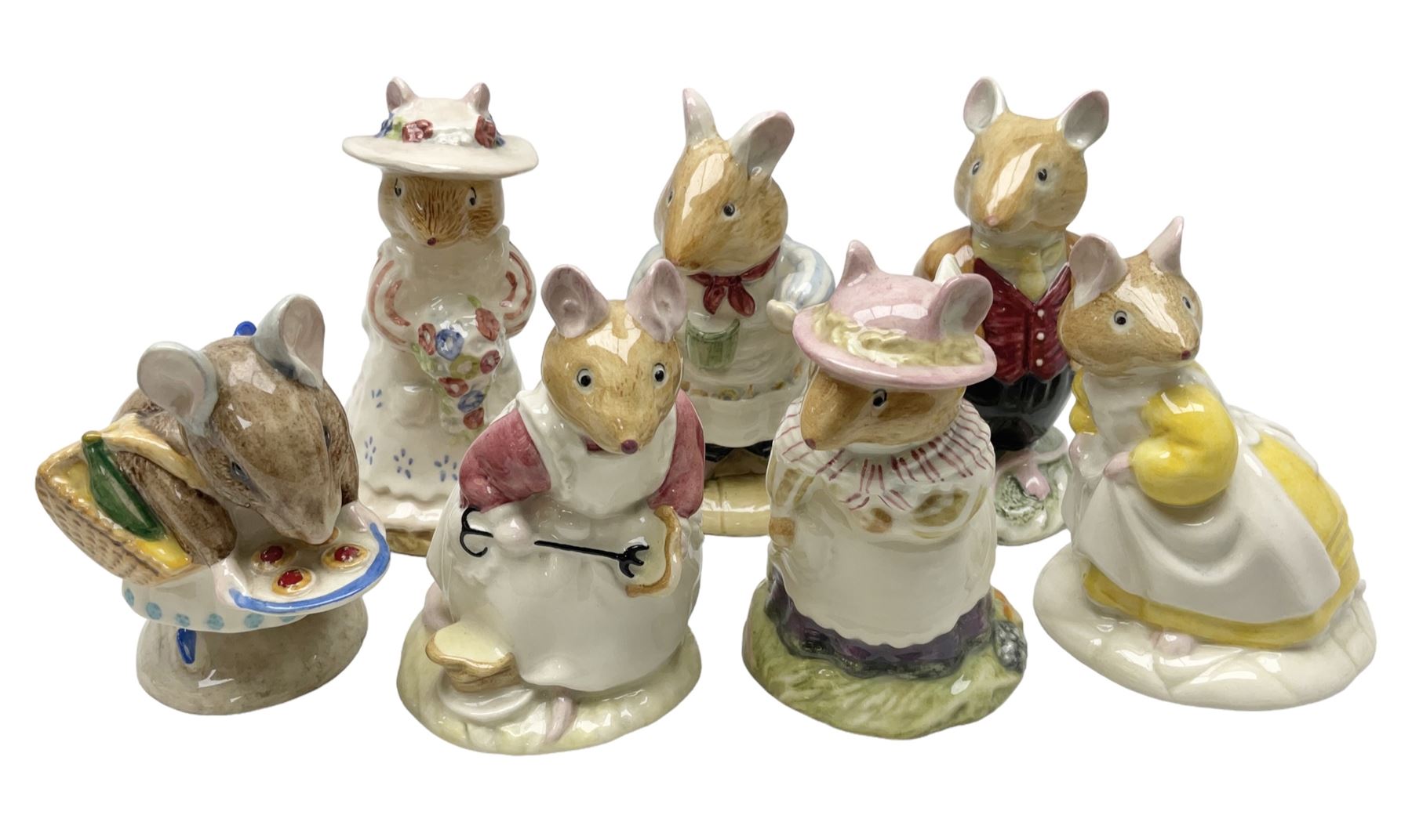 Six Royal Doulton Brambly Hedge figures, comprising Catkin DBH 12, Clover DBH 16, Lord Woodmouse DBH 4, Poppy Eyebright DBH 1, Mr Apple DBH 2, Old Mrs Eyebright DBH 9 and Beswick Beatrix Potter Appley Dapply figure, all with printed marks beneath