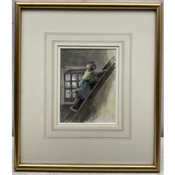 Isabella 'Isa' Jobling (nee Thompson) (Staithes Group 1851-1926): 'The Miller's Daughter' - Climbing the Ladder, watercolour signed with initials, titled on gallery label with artist's original address label verso 15cm x 11cm 
Provenance: exh. the Dean Gallery, Newcastle, January 1989, label verso 
Notes: one of three illustrations Isa painted for the Alfred Tennyson poem of the same titled. Painted after her marriage to Robert Jobling in 1893.