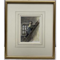 Isabella 'Isa' Jobling (nee Thompson) (Staithes Group 1851-1926): 'The Miller's Daughter' - Climbing the Ladder, watercolour signed with initials, titled on gallery label with artist's original address label verso 15cm x 11cm 
Provenance: exh. the Dean Gallery, Newcastle, January 1989, label verso 
Notes: one of three illustrations Isa painted for the Alfred Tennyson poem of the same titled. Painted after her marriage to Robert Jobling in 1893.