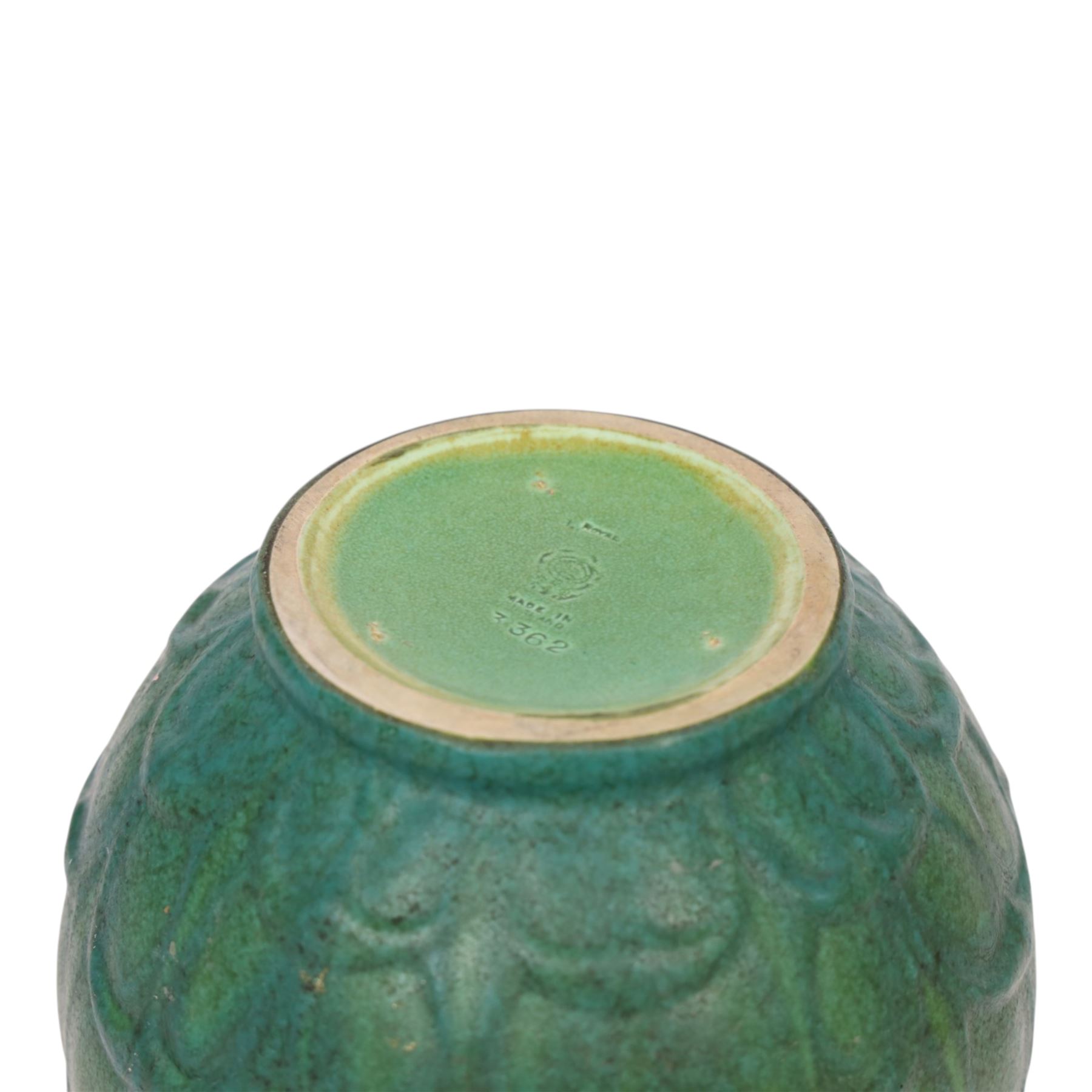 Pilkington's Royal Lancastrian green vase, of bulbous form, with stylised leaf decoration, with impressed mark and number 3362 beneath, H17cm 