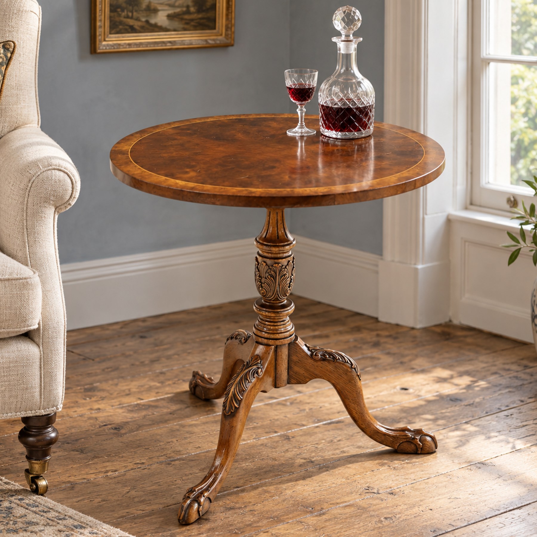 Quality Georgian design walnut and mahogany circular wine table, banded top with satinwood stringing, turned and fluted pedestal carved with acanthus leaves, the tripod base with carved knees terminating to ball-and-claw feet
