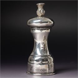 Small silver hip flask engraved with initials H9cm Sheffield 1988 Maker Hugh Crawshaw, silver pepper mill Sheffield 1975, globe scent flask with silver cover, four silver serviette rings, small silver vase and Norwegian silver salt