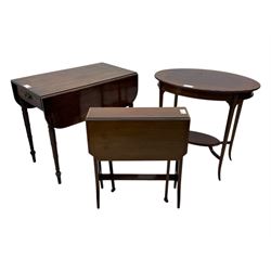 Early 20th century oval mahogany two tier occasional table (76cm x 51cm, H71cm); George III mahogany drop-leaf Pembroke table (48cm x 82cm, H71cm); Edwardian mahogany drop-leaf Sutherland table (W60cm)