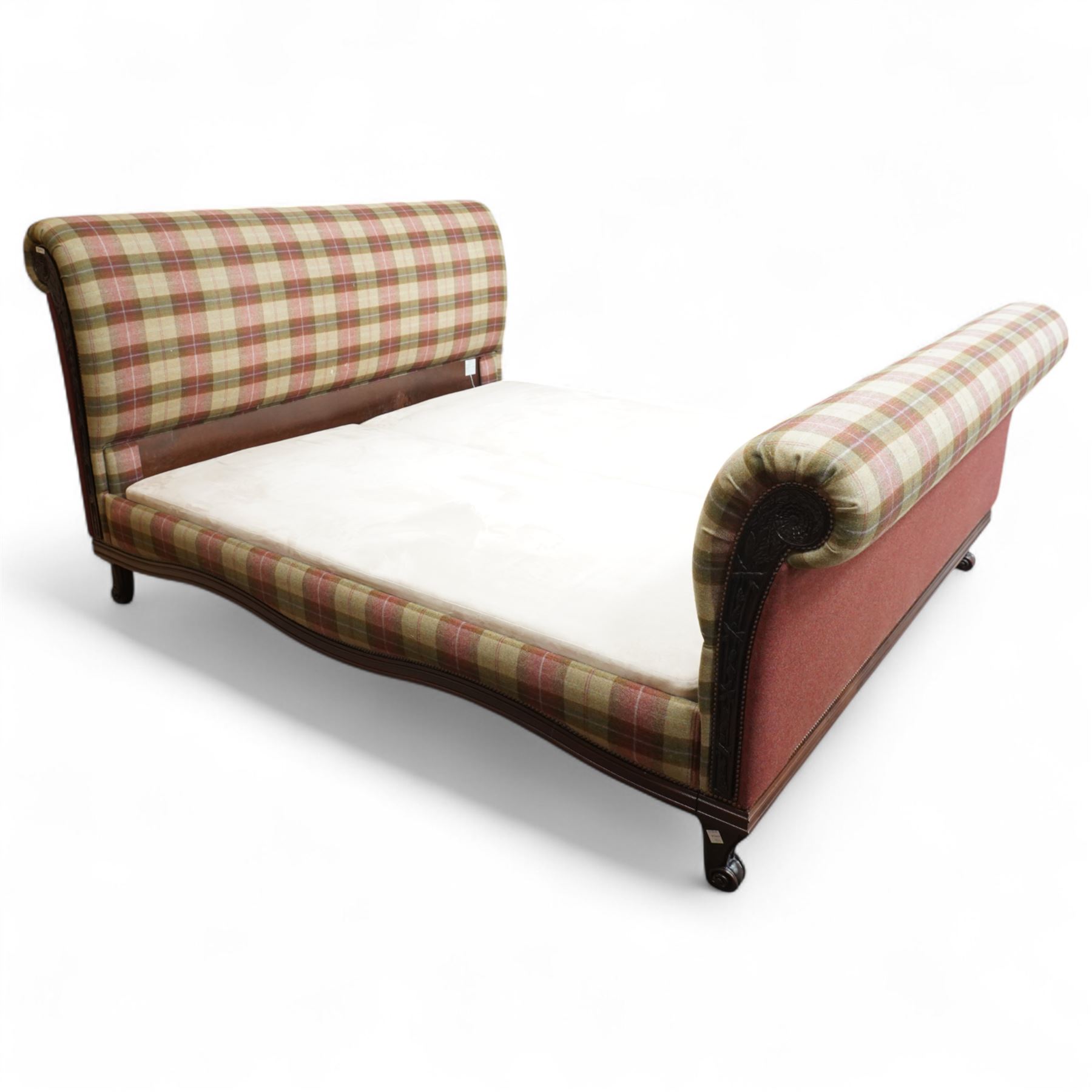 And So To Bed - Bonaparte Emperor 7' upholstered and classic Victorian design wood framed, upholstered in chequered pattern fabric with scroll-shaped headboard and footboard, upholstered side rails, with a faux suede divan together with a fitted Vispring Kingsbridge mattress, supported on cabriole legs 