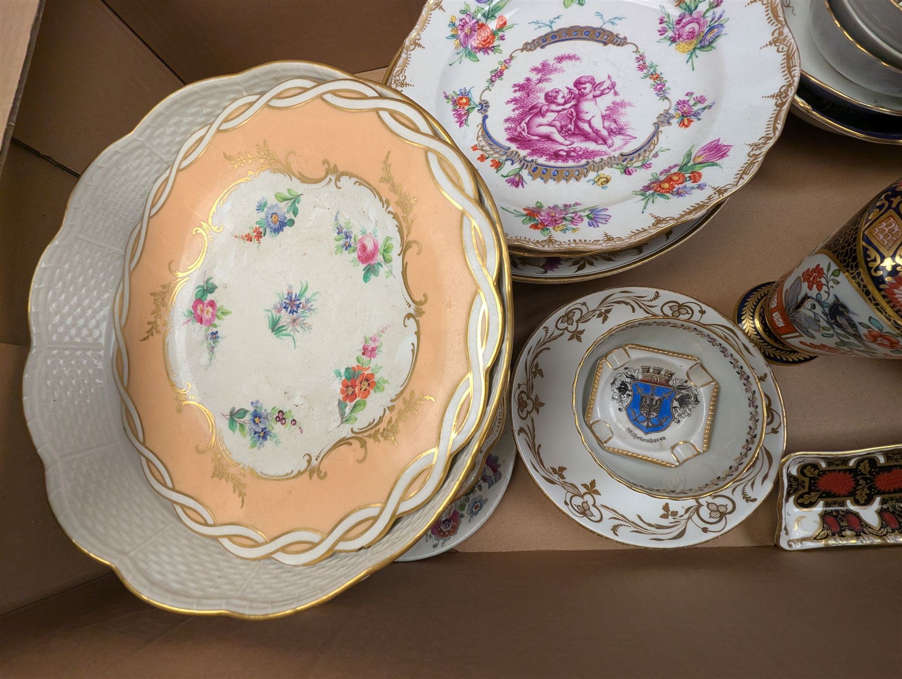 19th century and later ceramics, including cabinet plates, together with Continental vases, Copeland cups and other ceramics, in three boxes