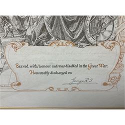 George V WW1 Memorial Scroll to Gunner William Henry Oughtibridge Royal Garrison Artillery; and WW1 Lincolnshire Regiment Disabled Honourable Discharge certificate with indistinct faded inscription; both framed (2)