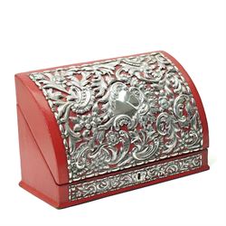 Late Victorian red leather stationery casket with divided watered silk interior, the hinge...