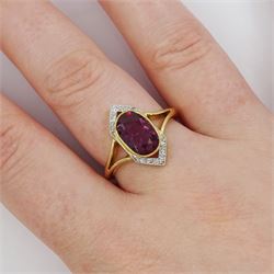 18ct and platinum ruby and diamond ring, single oval cut ruby of approx 2.26 carat, with old cut diamond surround, set within a milgrain navette shaped border, London 2019, total diamond weight approx 0.15 carat, with Alan Poultney Gems report