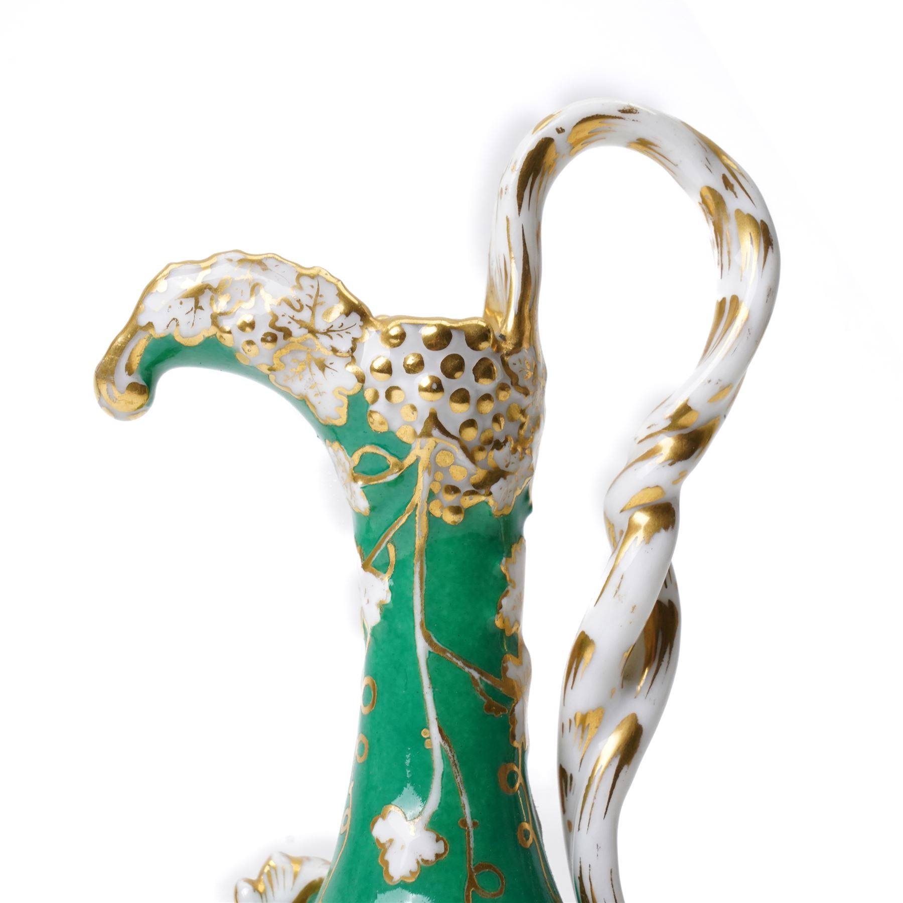 Pair of mid-19th century Jacob Petit ewers, in the Rococo Revival style, hand-painted with panels of flowers on a green ground and heightened profusely with gilt, JP mark in underglaze blue to base, H25cm