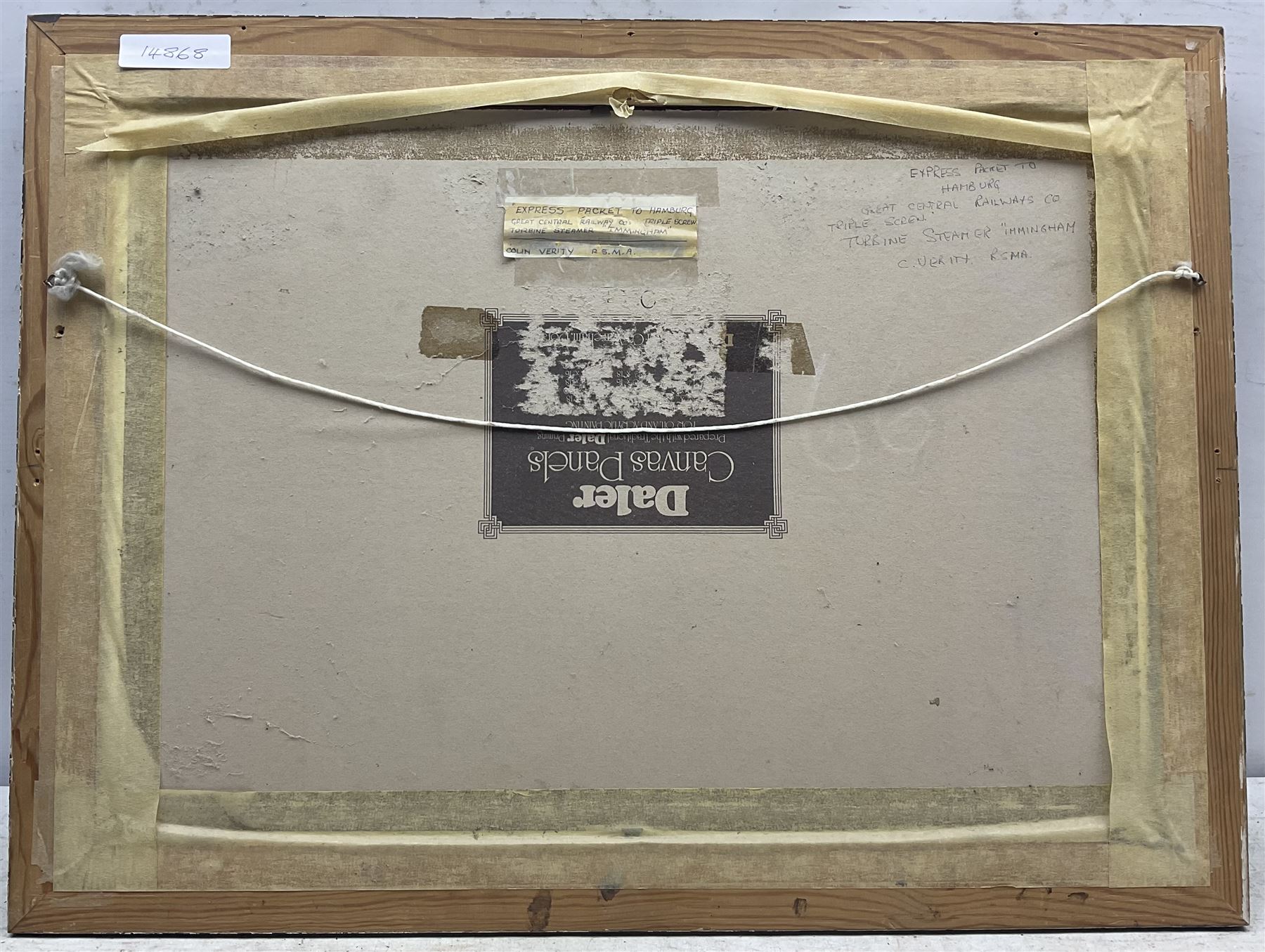 Colin Verity (British 1924-2011): 'Express Packet To Hamburg', the Great Central Railway Company steamer Immingham, oil on board signed, inscribed verso 34cm x 49cm 
Notes: Immingham, built by Swan Hunter of Wallsend and launched on 8th May 1906, was one of two 18 knot steamers commissioned by the GCR for the Grimsby-Rotterdam route, alongside Marylebone.
The ship's Parsons steam turbines were direct-drive units that proved uneconomic, and both vessels were soon rebuilt as single-screw steamships with the funnels of each reduced in number from two to one. She was requisitioned in 1915 by the Admiralty for Royal Navy use as a stores carrier and renamed HMS Immingham. She sank on 6th June 1915 after a collision with the boom defence vessel HMS Reindeer in the Mediterranean Sea, whereas Marylebone was maintained for another twenty years before being scrapped in 1938.