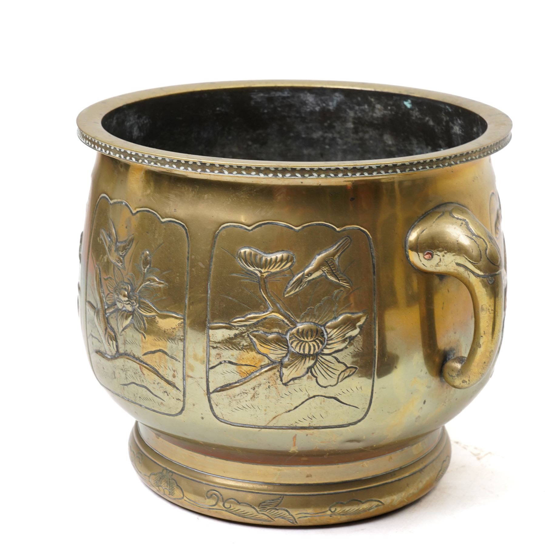 Chinese carved hardwood figure of Shou Lao formed as a table lamp H56cm excluding fitting and a Japanese brass two handled jardiniere decorated with raised panels of birds, flowers etc D27cm (2)