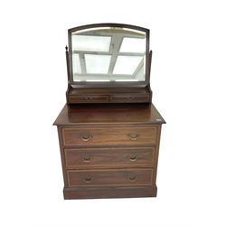 Edwardian inlaid mahogany dressing chest, arched bevelled swing mirror back over two trinket drawers, fitted with three drawers to base