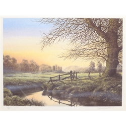 David Smithurst (British 1942-2001): Pastoral Landscape, limited edition colour print signed and numbered 185/300 in pencil 34cm x 44cm; Arthur Byrne: 'Country House 1', limited edition colour print signed titled and numbered 251/375 in pencil 37cm x 28cm and a Coaching print (3)