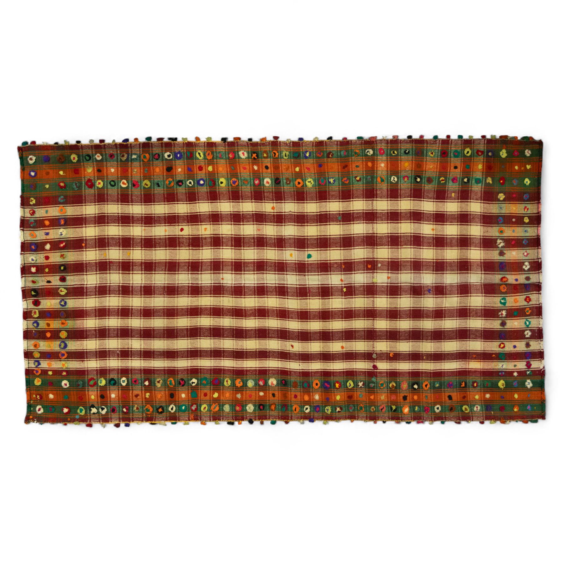 Southwest Persian Jajim kilim, flatwoven wool in a checked pattern of cream and red stripes, bordered with embroidered discs and colourful dot motifs