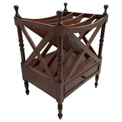 Victorian design mahogany Canterbury, four divisions with x-frame rails and turned upright supports, fitted with single drawer, on turned feet