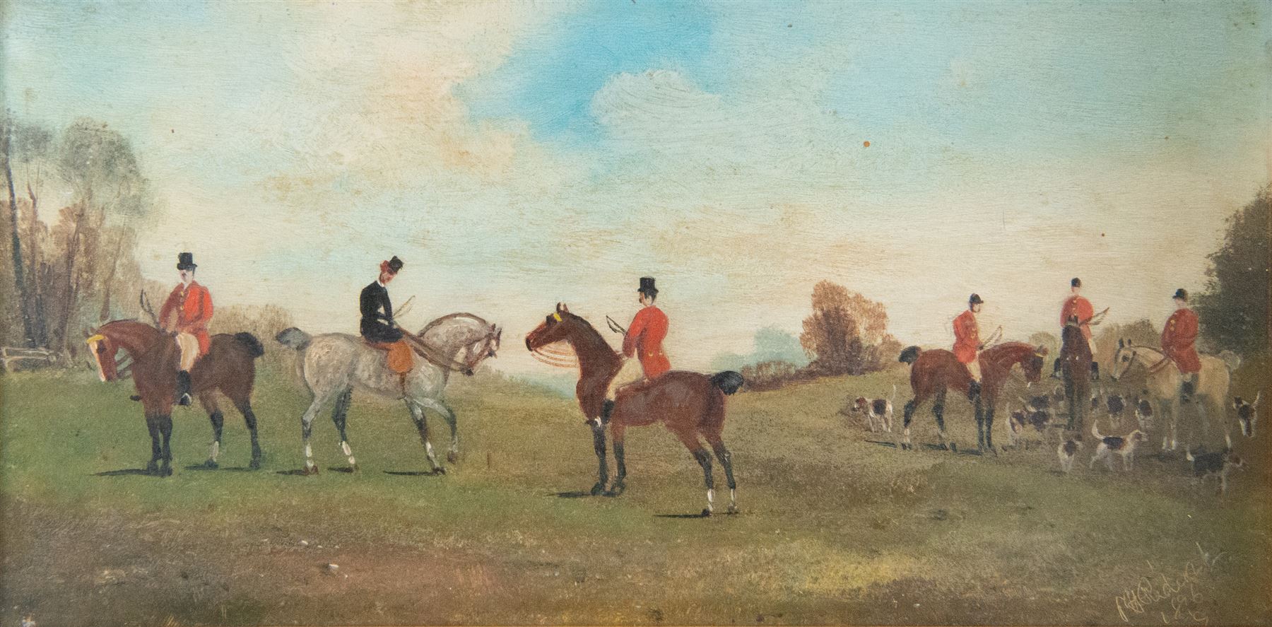 Philip Henry Rideout (British 1860-1920): The Hunt, pair oils on board signed and dated 1896, 15cm x 30cm 