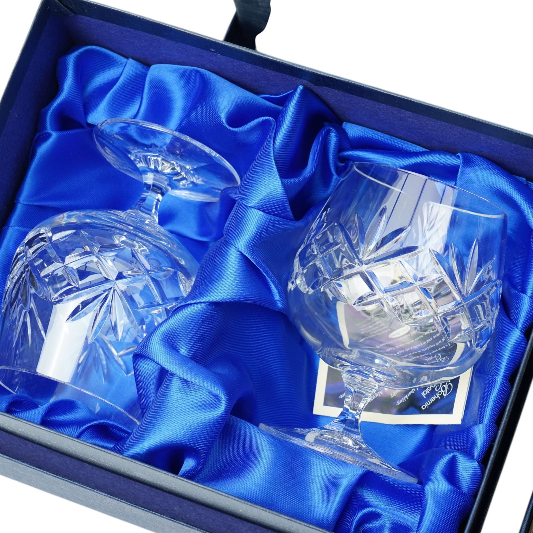 Set of six Henry Marchant crystal brandy glasses and six whisky tumblers, boxed