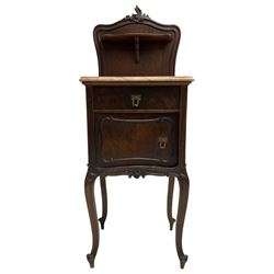  Late 19th to early 20th century walnut bedside pot cupboard, the shaped raised back with carved C-scroll pediment, pink variegated marble top, fitted with single drawer and cupboard, foliage carved cabriole supports with scroll carved terminals